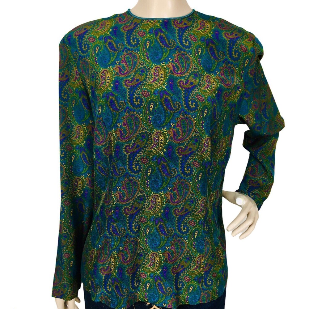 Vintage 80s Francess & Rita 100% Silk Paisley High-Shoulder Secretary Blouse